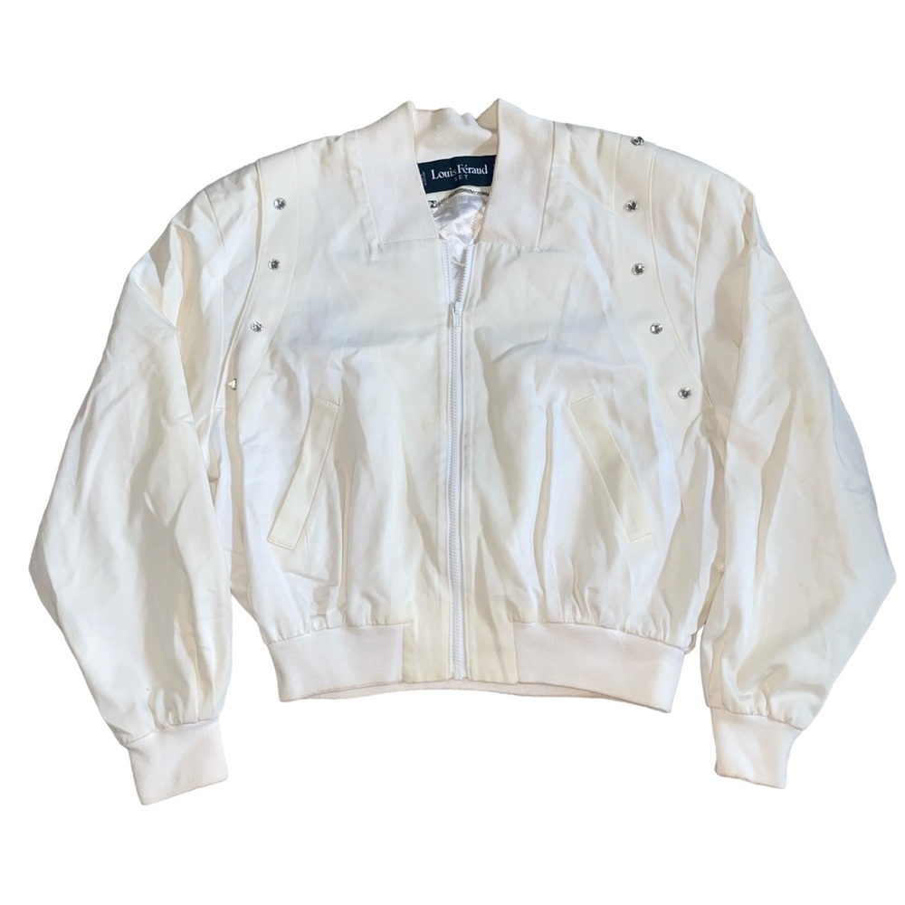 Vintage Louis Feraud Off White Cream Embellished Diamond Bomber Jacket Womens 12